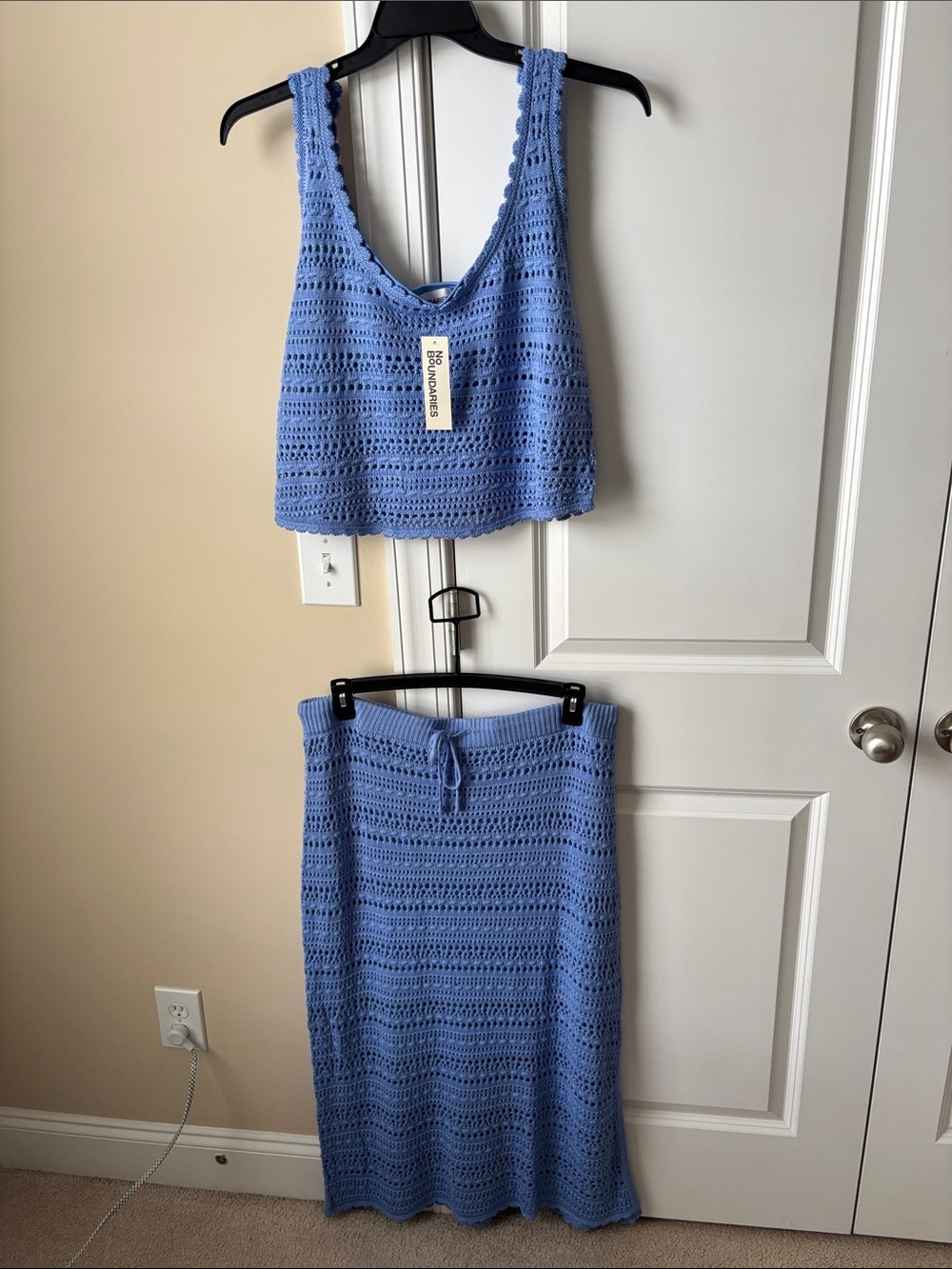 No Boundaries Light Blue Crochet Knit Top & Skirt Set - Women's